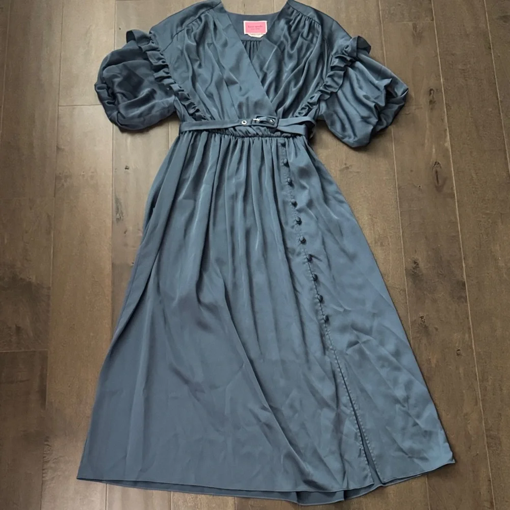 Kate Spade Blue Belted Midi Dress Size 0 Puff Sleeve A-Line Flaw